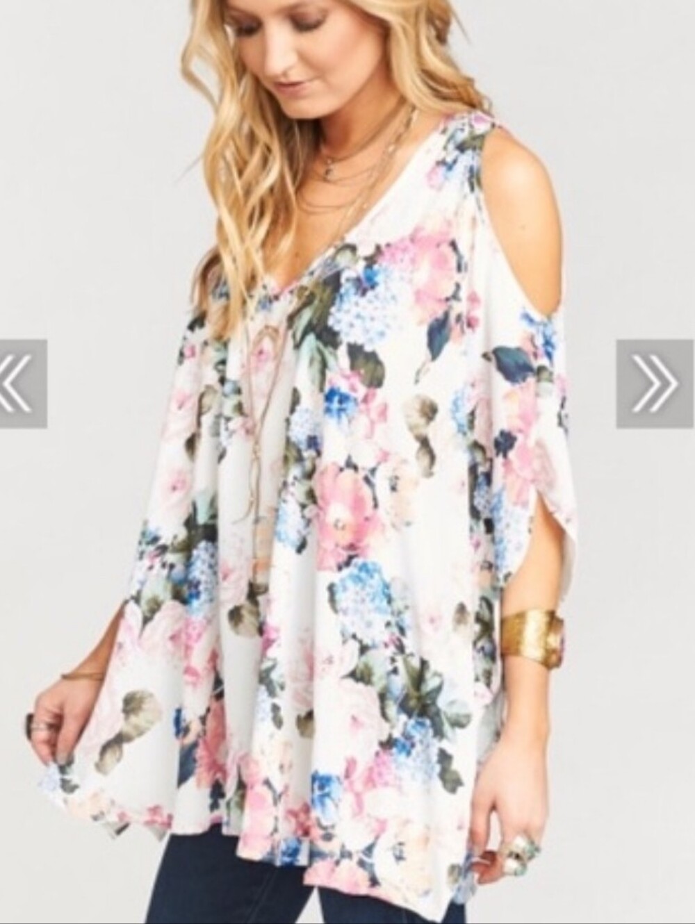Show Me Your MuMu Floral Cold-Shoulder Tunic in White, Pink & Blue Size Small